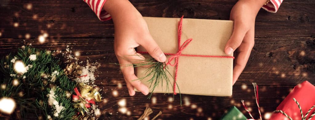 Hand wrapped Christmas present for a zero waste Christmas